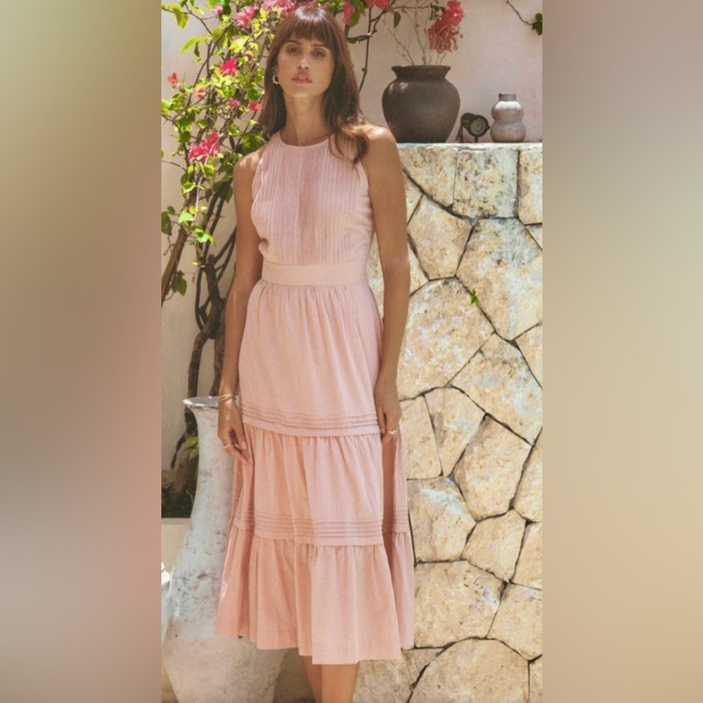 Pampelone Sleeveless Perla Midi Dress Tiered & Pintucked w Dainty NeckTies Blush